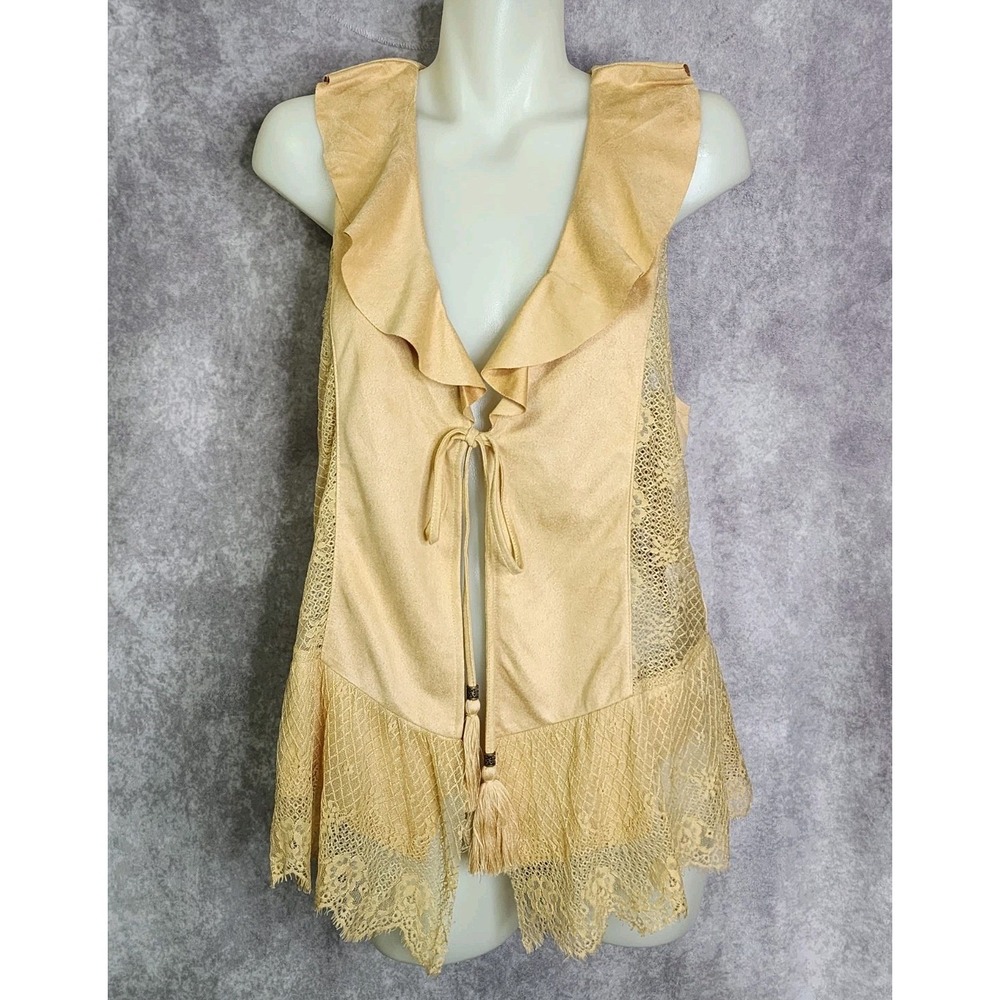 Miss Me Lace Trim Vest Women Medium Mustard Yellow Boho Ruffle Tie Front Western - Picture 1 of 9